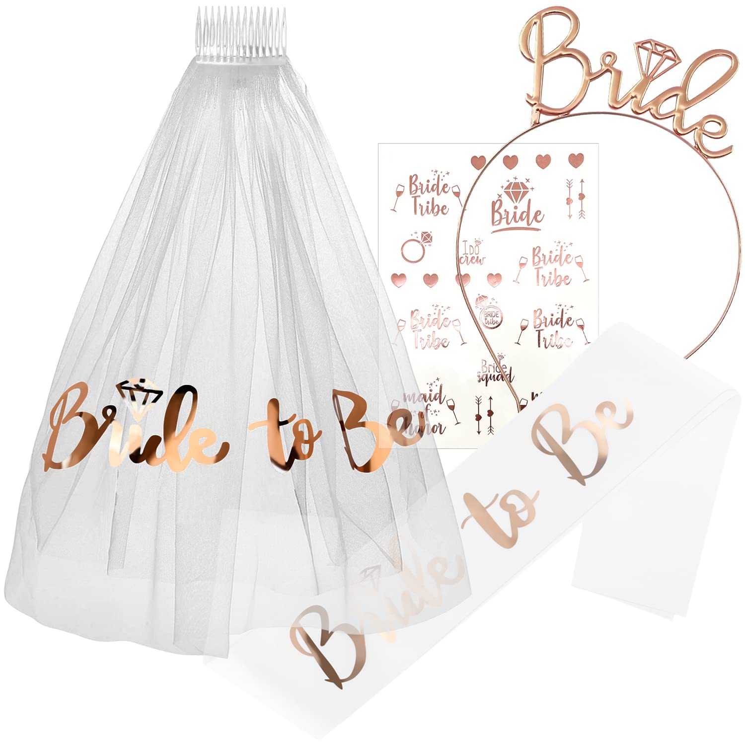 Geiomoo Bride to Be Sash, Veil with Comb, Hen Party Accessories, Headband Tattoos Set for Bridal Shower Wedding (4 Pack)
