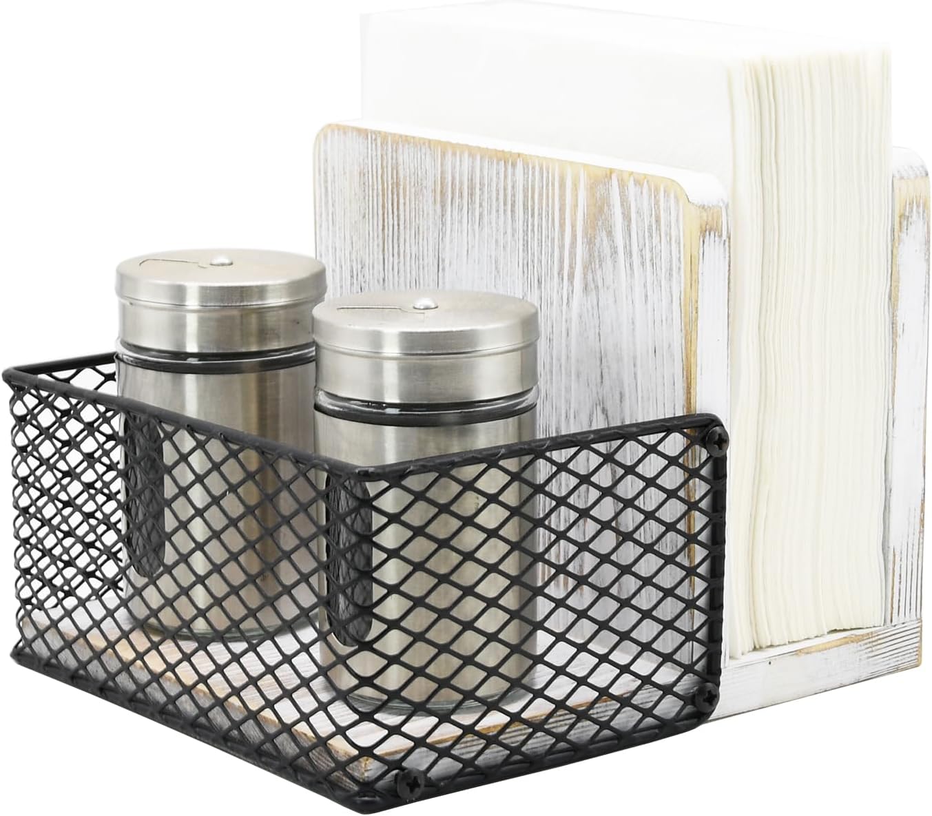 Rustic Whitewashed Wood Napkin Holder with Black Metal Mesh Spice Rack – 2-in-1 Farmhouse Style Napkin and Condiment Organizer for Kitchen or Restaurant, 5.5” x 6.5” x 5”