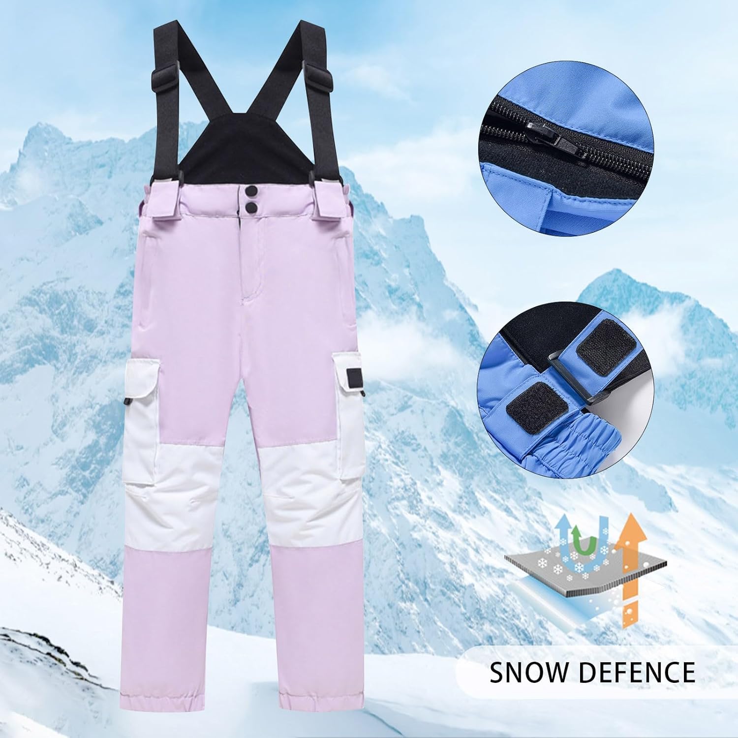 Boys Girls Fashion Strap Ski Pants Thick Warm Windproof Snow Bib Pants Thicken Ski Down Pants with Pockets