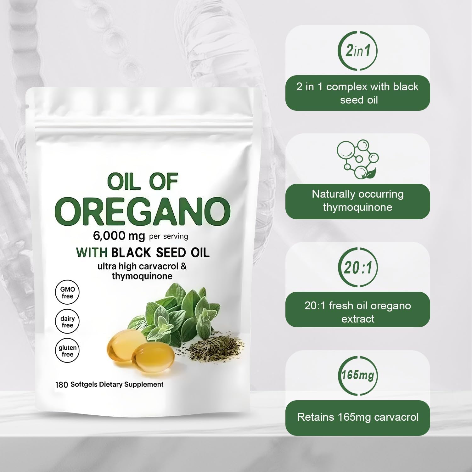 Oil of Oregano Softgels 6000mg Per Serving, 2 in 1 Formulated with Black Seed Oil 200mg, 4X Strength Carvacrol & Thymoquinone | Plant Based, Non-GMO & Immune Support (180 Count/1 Bag) - Image 3