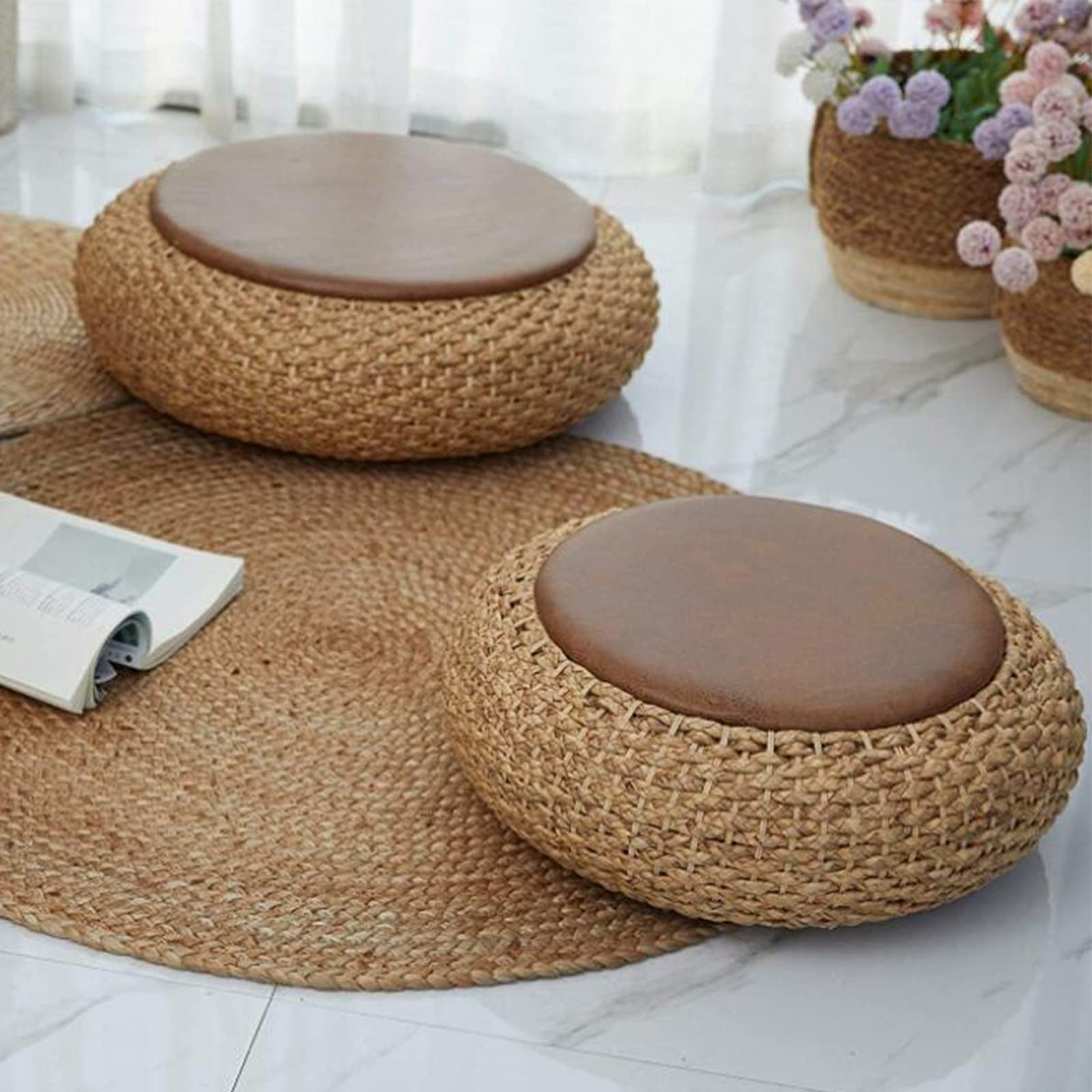 Tatami - Cojín de suelo, cojín redondo tejido, tapete de meditación y yoga hecho a mano para uso en interiores y exteriores, almohada suave para jardín, comedor, sala de estar