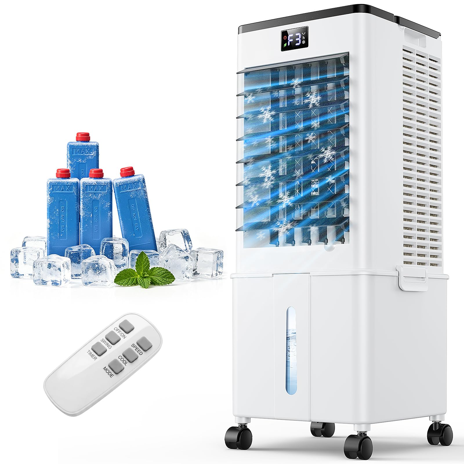 Mobile Klimaanlage ohne Abluftschlauch 10L Luftkühler 60W 4-in-1 Verdunstungskühler 12H Timer 4 Modi 120° Oszillation Abnehmbarer Wassertank Tiefschwarz