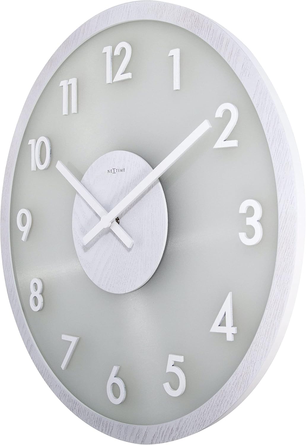 Unek Goods Nextime Frosted Glass and Wood Wall Clock, Battery Operated, White