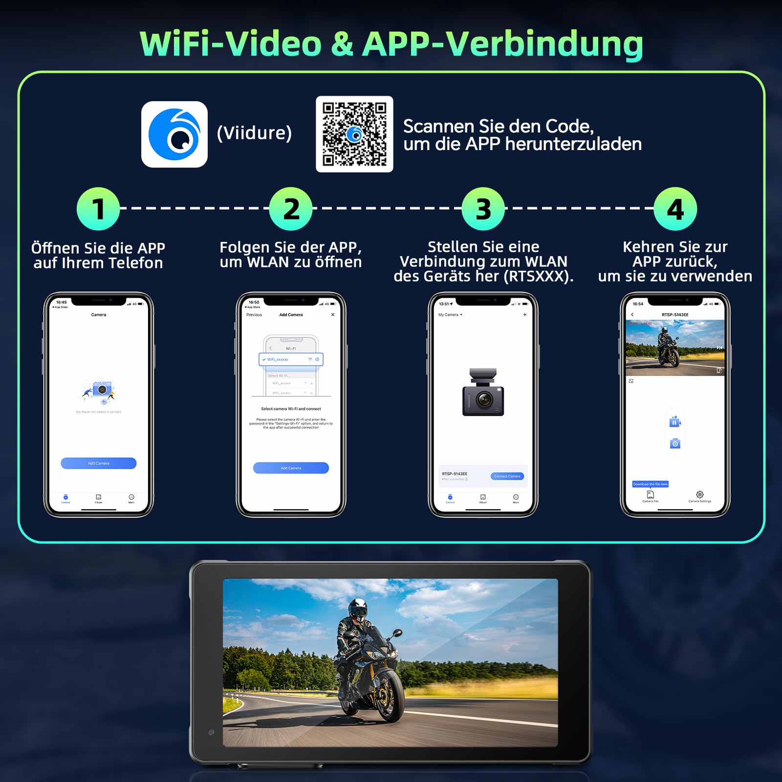 Lamto Motorrad Carplay & Android Auto für Motorcycle,Tragbares Carplay Bildschirm mit Dashcam Vorne Hinten 2K+1080P,5,5 Zoll IP67 Wasserdichter Touchscreen für Motorräder,Daueraufnahme/Siri/64G TF