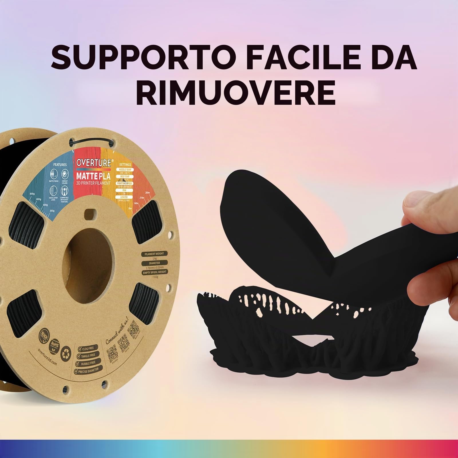OVERTURE Matte PLA Filamento 1,75 mm Nero & Bianco, 2kg Matt | Opaco PLA • Neatly Wound • Finitura Opaca • Profondo • Precisione Dimensionale±0,02 mm • per Stampante 3D FDM
