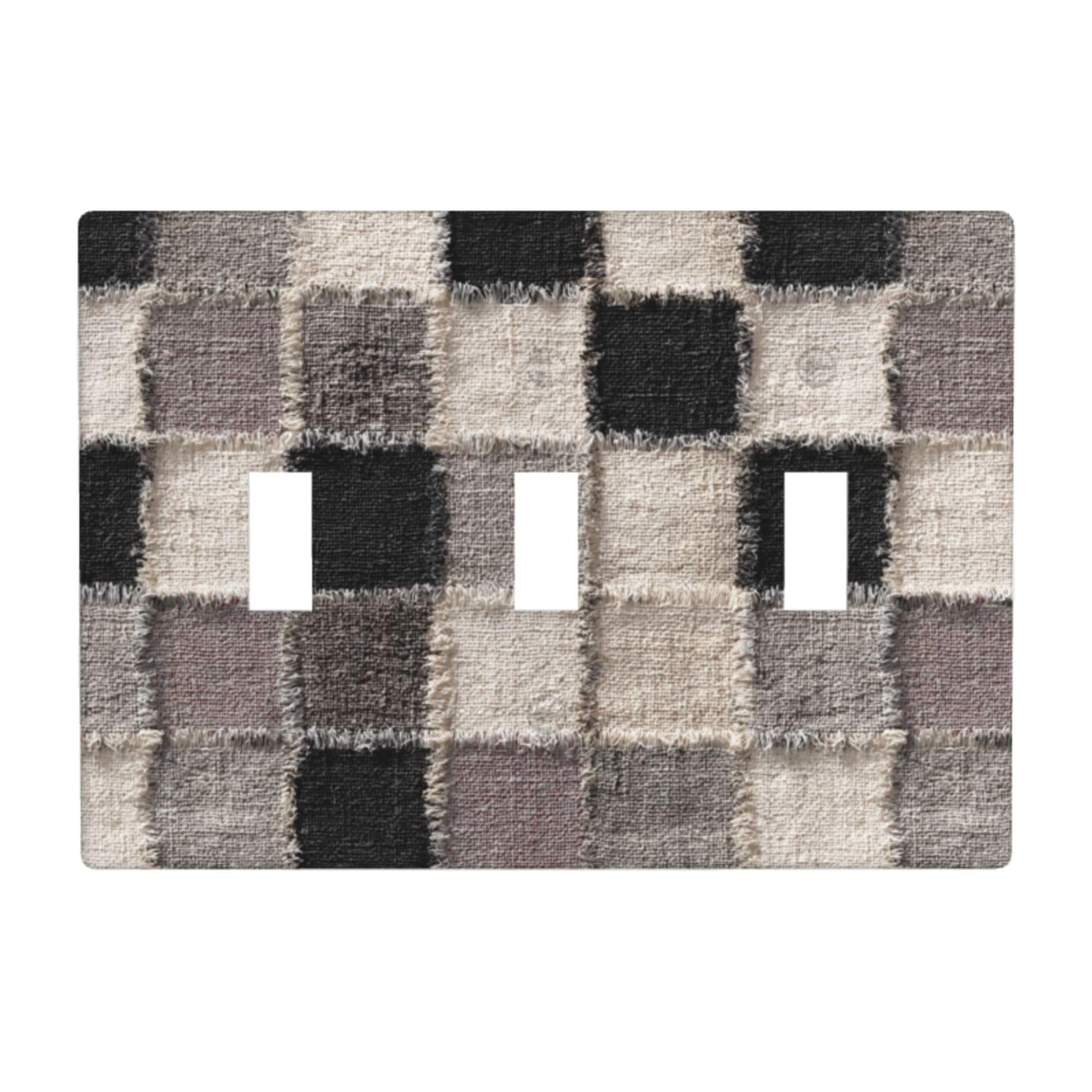 Frayed Fabric Edges Checkerboard Textural Light Switch Covers 3 Gang Triple Toggle Wall Plate Switchplate Electrical Faceplate for Bathroom Kitchen Bedroom Decor