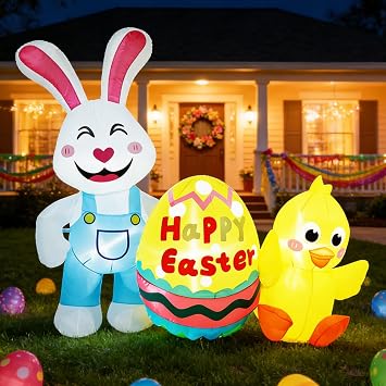 Easter Inflatables Outdoor Decorations 5ft Inflatable Bunny Chick with Colorful Eggs Giant Rabbit Blow Up Yard Decoration LED Lights Holiday Blow Ups Outside Spring Decor for Party Lawn Garden