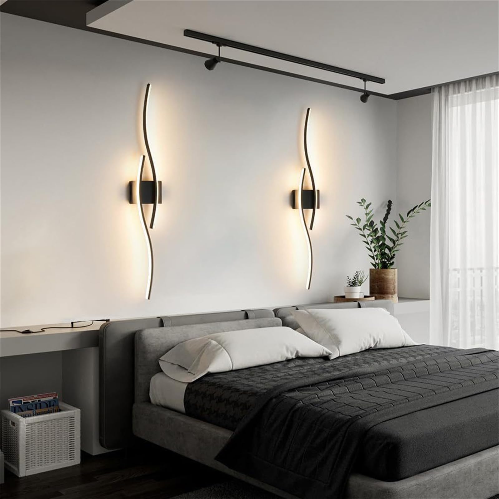 Lampa ścienna USB z pilotem zdalnego sterowania, ściemniana, bezprzewodowa, magnetyczna, z funkcją timera, konstrukcja fali do sypialni (czarna, 2 opakowania)