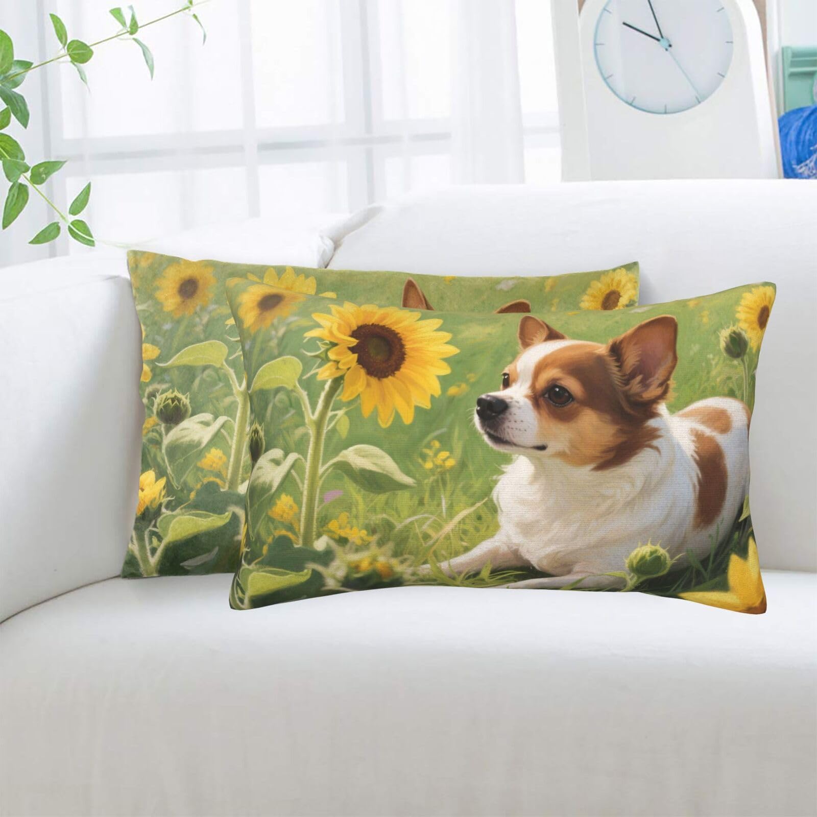 2 Pack Standard Pillowcases Sets, Ultra Soft Comfort Microfiber Plush Pillow Cases Chihuahua Dog Sunflowers Decorative Throw Pillow Cover with Hidden Zipper for Bedroom, Sofa, Couch,20"X30"