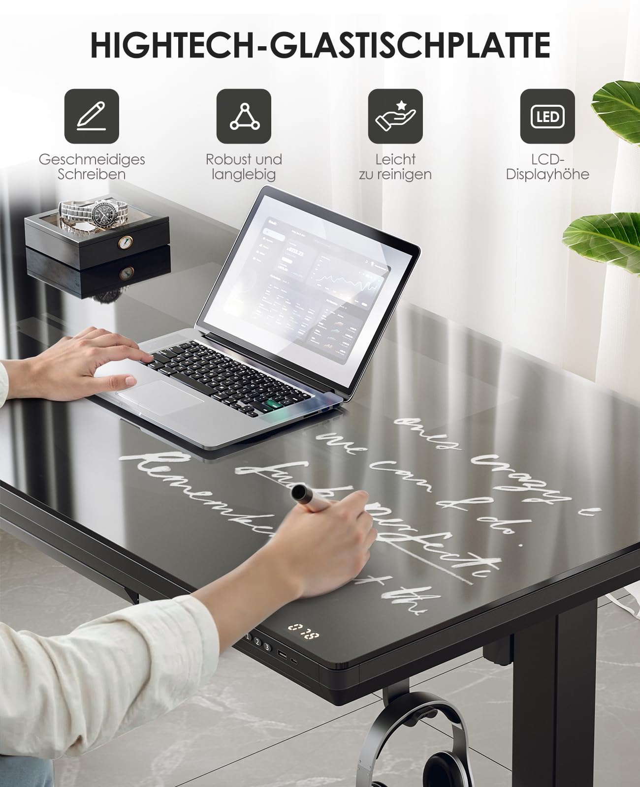 OffiGo Szklane Biurko Regulowane Z Szufladami, 140 x 60cm, Czarny | Elektryczne Biurko Regulowane Wysokością, z USB i Type-C, Szufladami do Biura i Domu