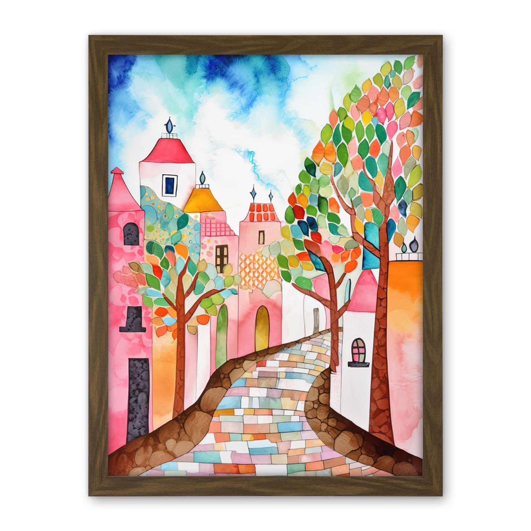 Artery8 Cobblestone Street In Spring Folk Art Artwork Framed Wall Art Print 18X24 Inch