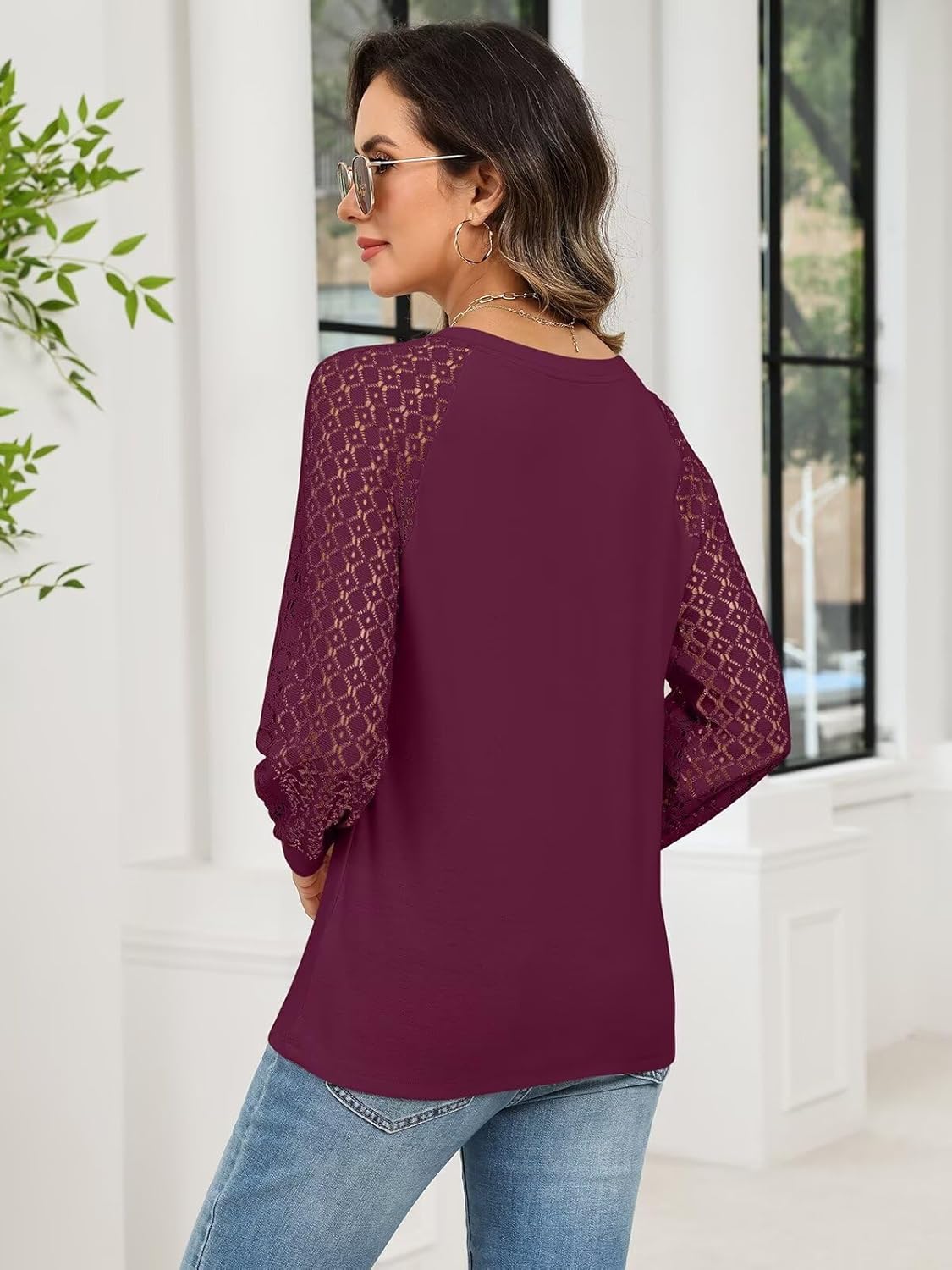 Women's Lace Long Sleeve Shirts Henley Crewneck Tops Business Casual Fall Blouses - Image 4