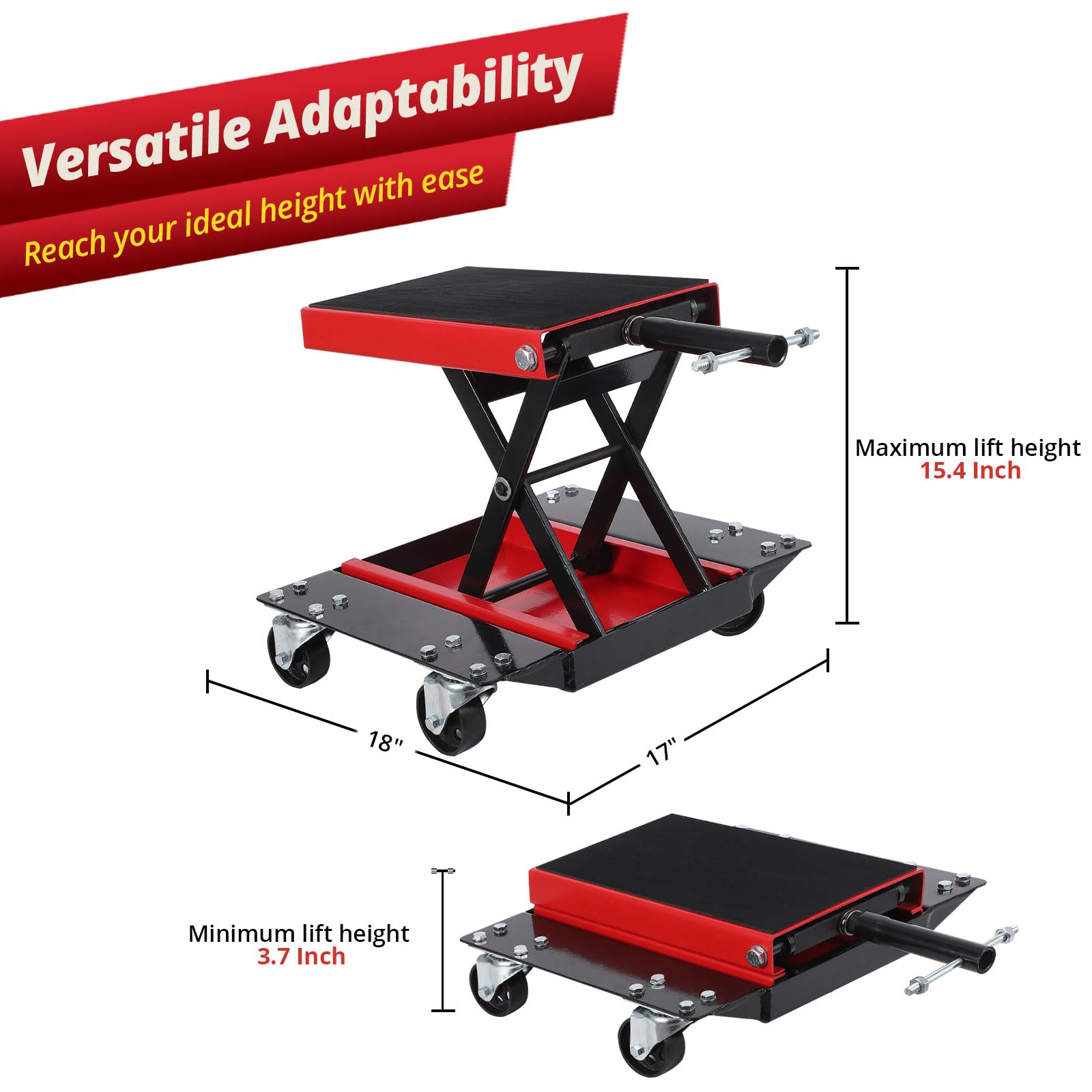 Garvee Cric élévateur Moto Robuste à Ciseaux avec roulettes–Capacité 500kg | Plateau large antidérapant–Goupilles de sécurité –Manivelle centrale–Pour motos, quads, dirt bikes – Facile à utiliser