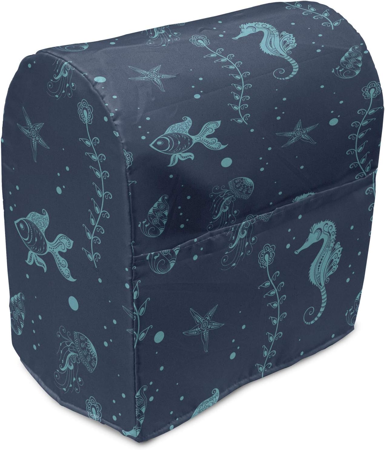 Ambesonne Underwater Stand Mixer Cover, Hand-Drawn Ocean Creature Goldfish Seahorse, Kitchen Appliance Organizer Bag Cover with Pockets, 6-8 Quarts, Azure Blue Night Blue