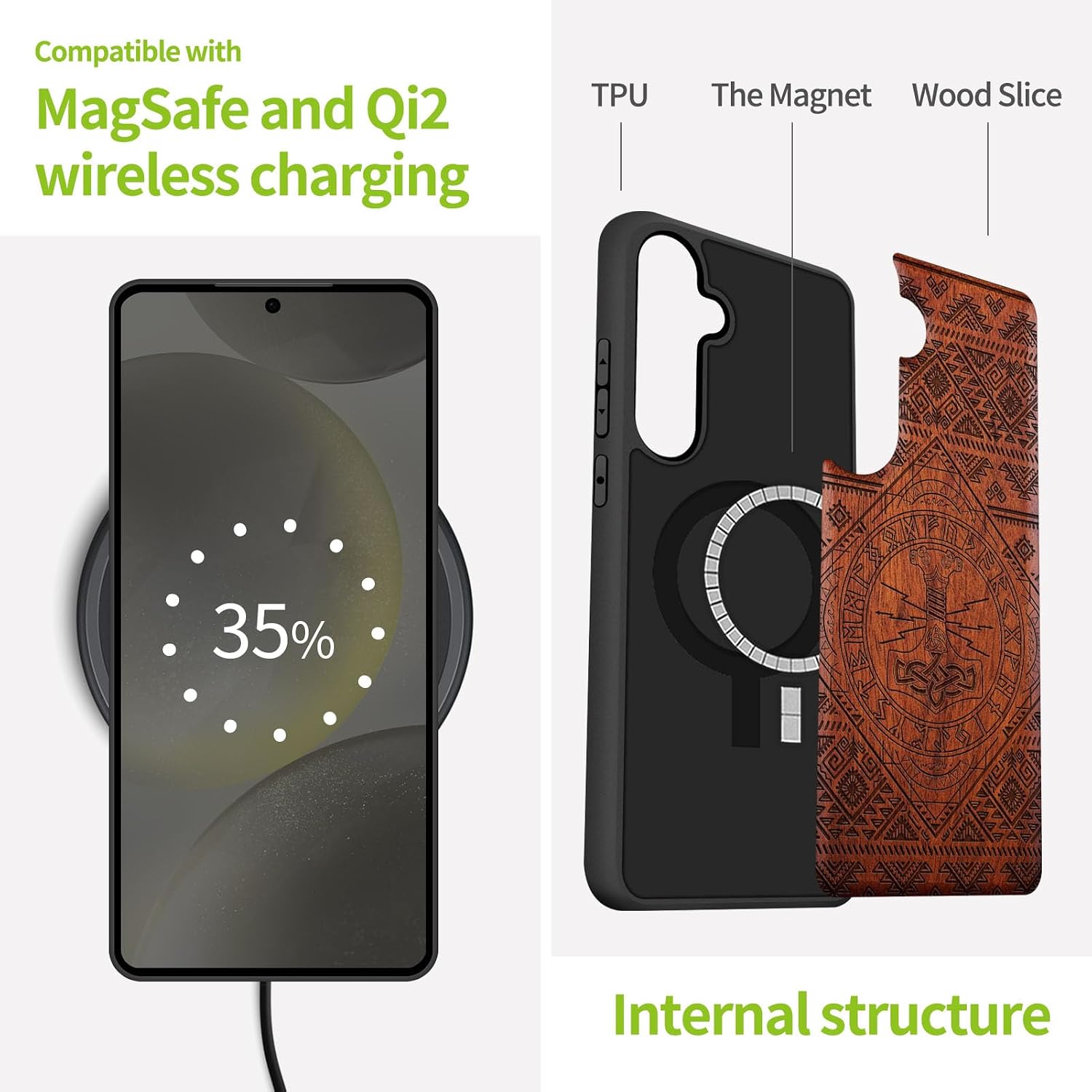 Carveit Magnetic Wooden Case for Galaxy S25+ Samsung S25 Plus Case, TPU Shockproof Cover & Wood Engraved, Compatible with MagSafe Wireless Chargers (Norse Resonance - Mjollnir) Rosy