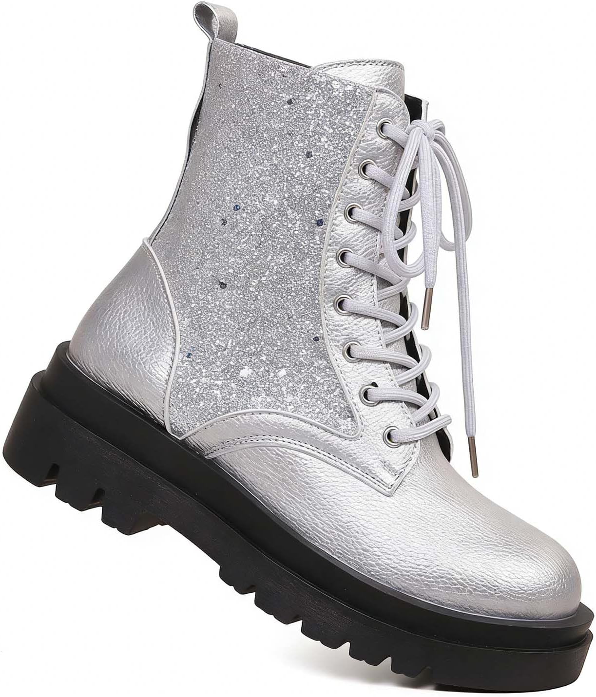 Women's Glitter Combat Boots Round Toe Lace Up Chunky Low Heel Sparkly Ankle Booties Comfy Combat Ankle Boots