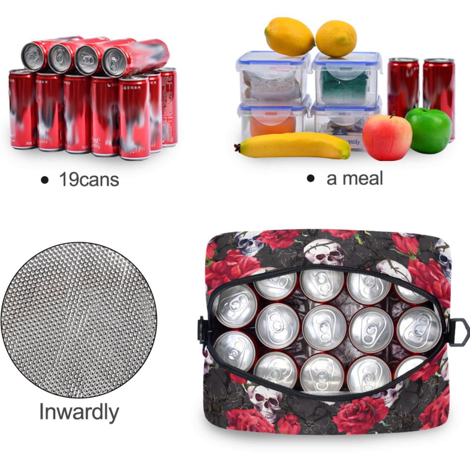 MNSRUU Sac à déjeuner isotherme réutilisable avec bandoulière réglable Motif crânes et roses