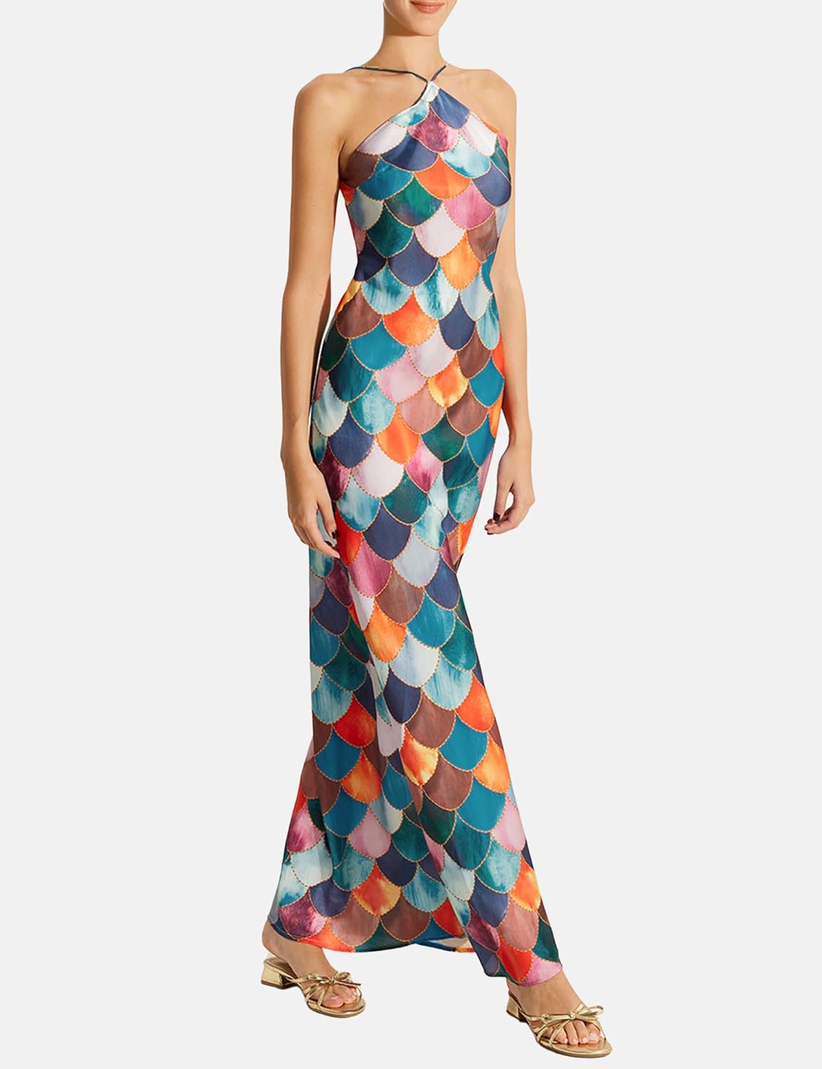 Women's Sexy Backless Halter Maxi Dress Sleeveless Slim Fit Bodycon Long Dress with Colorful Plaid Print for Party Clubwear - Image 3