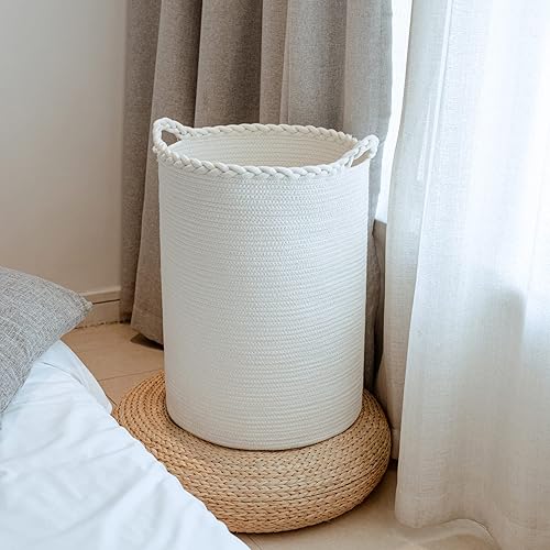 Miniatura 9 de Cesta de lavandería tejida de algodón de 58 litros, para mantas, ropa, almohadas, juguetes, zapatos, contenedor grande para ropa sucia, color blanco