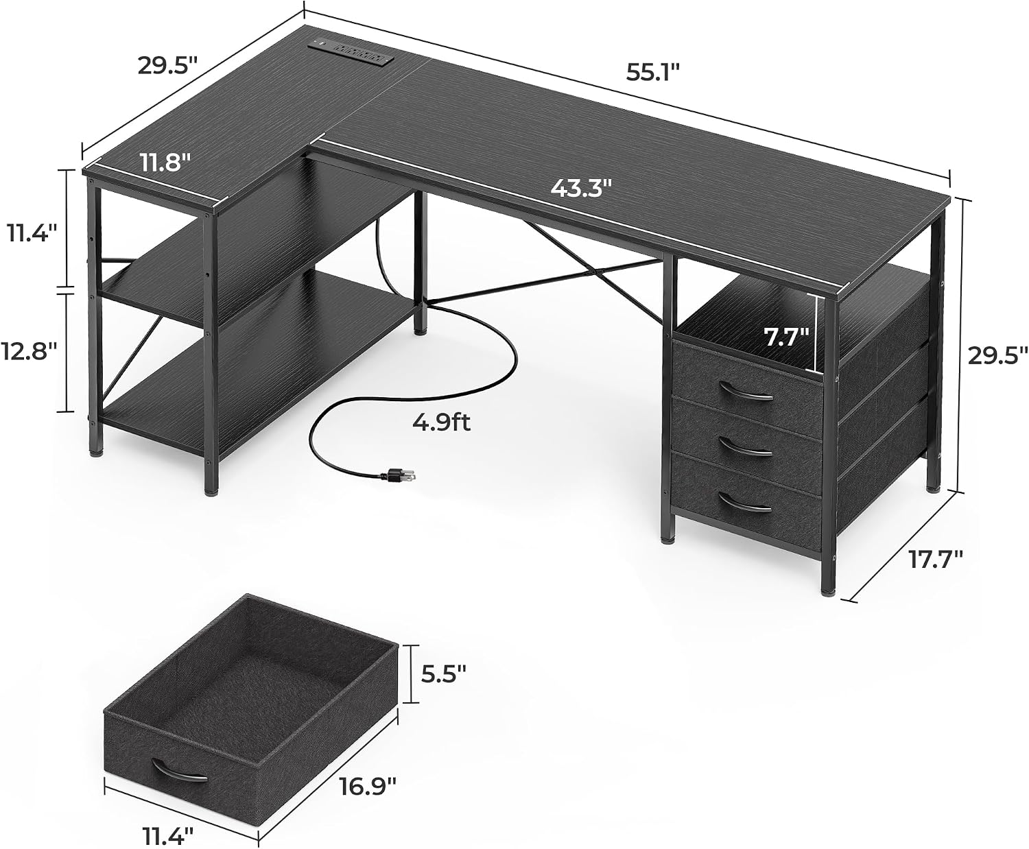 Diagram showing the dimensions of the L shaped desk and its components