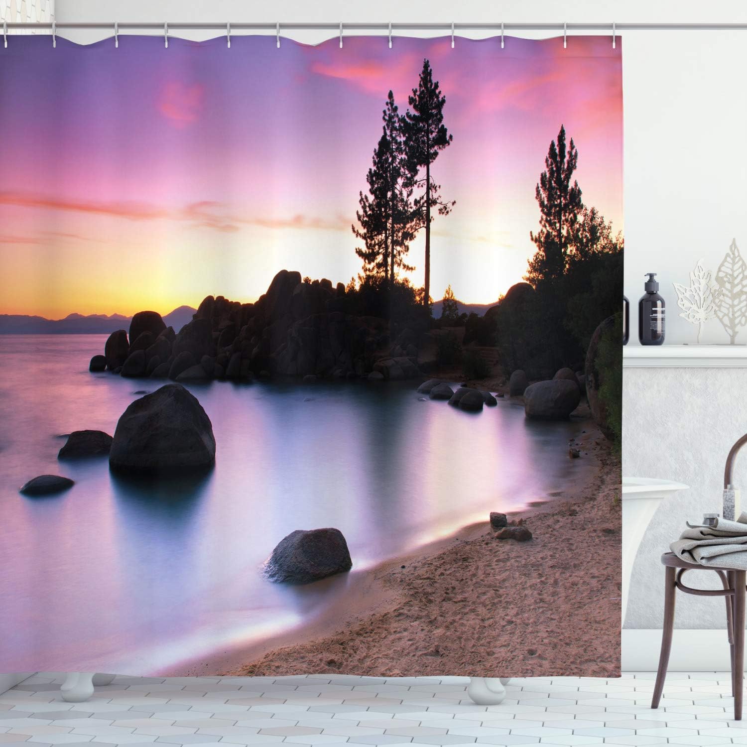 Ambesonne Nature Shower Curtain, Lake Tahoe Beach at Sunset with Dreamy Purple Misty Sky Surreal Coast Scenery, Cloth Fabric Bathroom Decor Set with Hooks, 69" W x 84" L, Dark Brown Peach