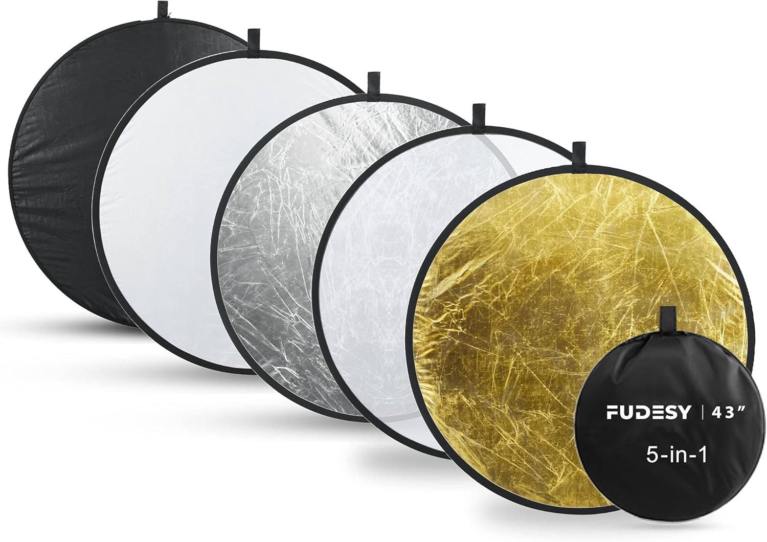 FUDESY 43 Light Reflector, 5-in-1 Collapsible Portable Photography Reflectors with Bag - Translucent, Silver, Gold, White, Black for Photo Studio Outdoor Lighting