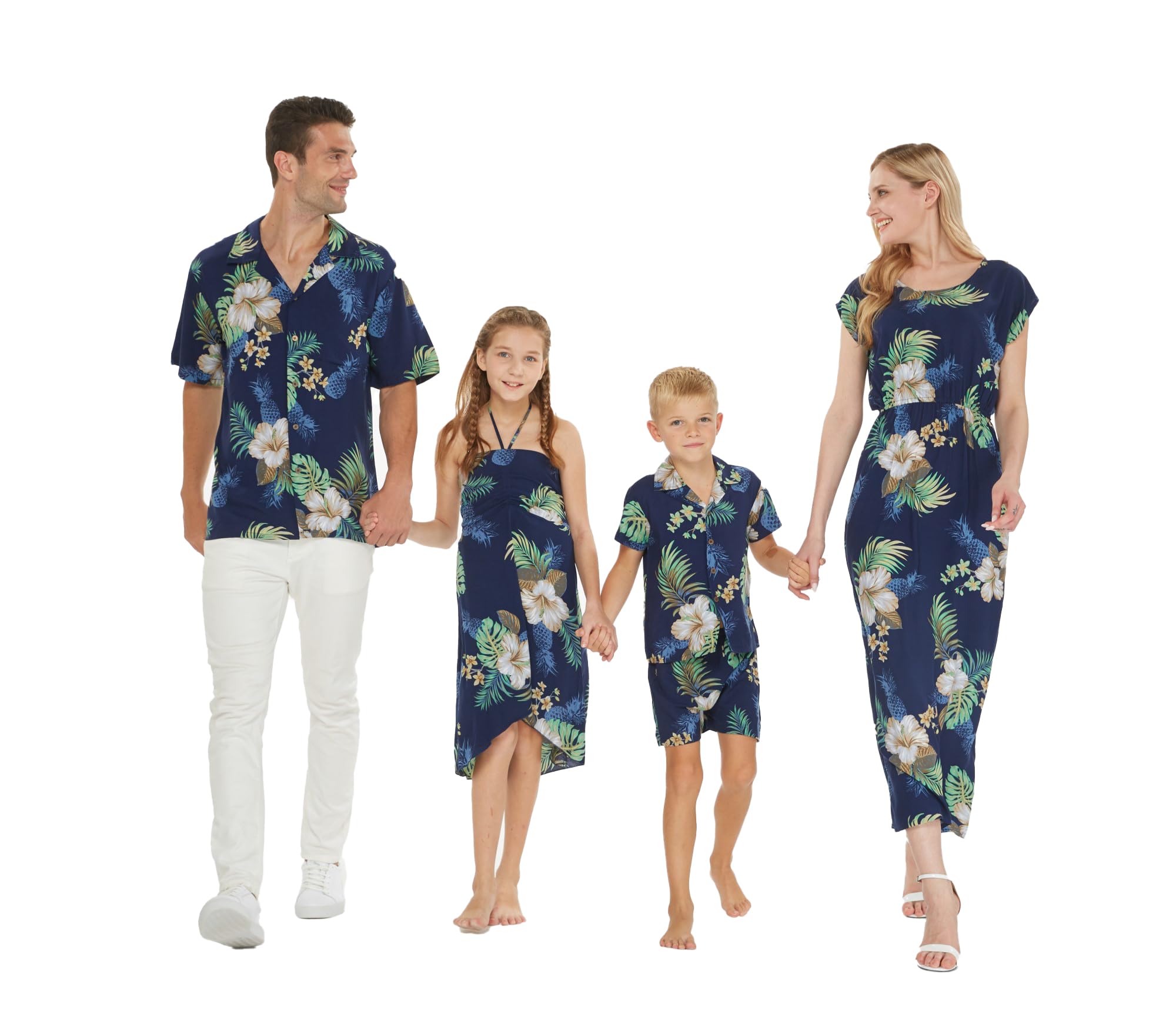 Matchable Family Hawaiian Luau Men Women Girl Boy Clothes in Pineapple Garden Navy