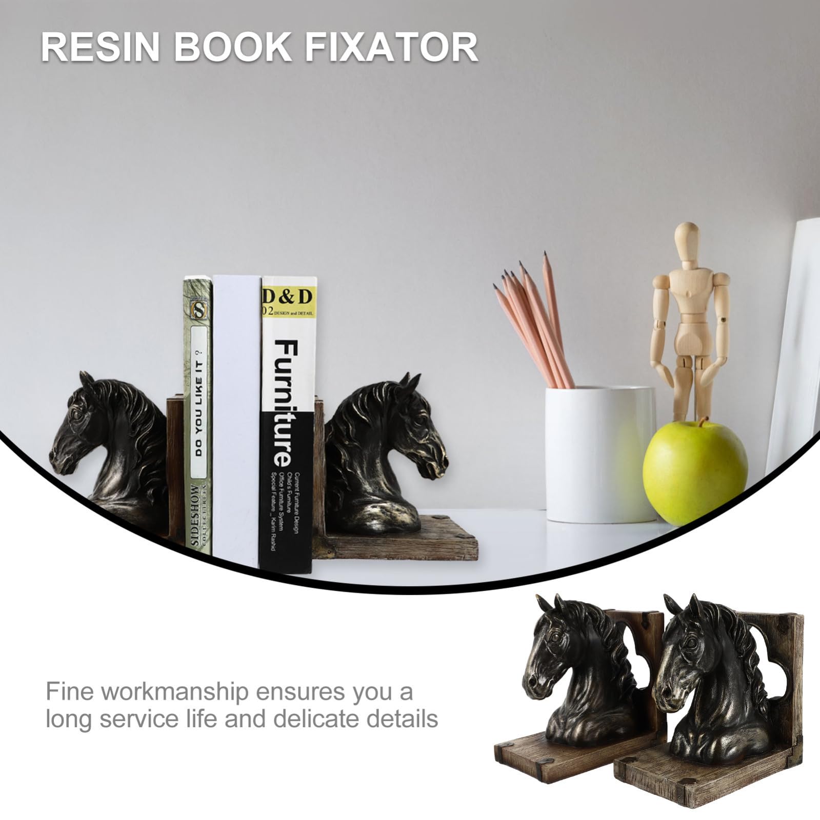 Ferma Libri Testa di Cavallo in Resina Stile Retrò 1 Paio | Lavorazione Fine, Finitura Levigata, per Ufficio e Studio, Elemento D’arredo per Mensole e Scrivanie