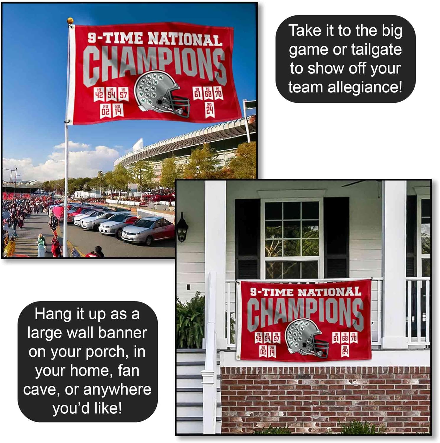 Ohio State Buckeyes 2024 and 9 Time National Champions Banner Flag