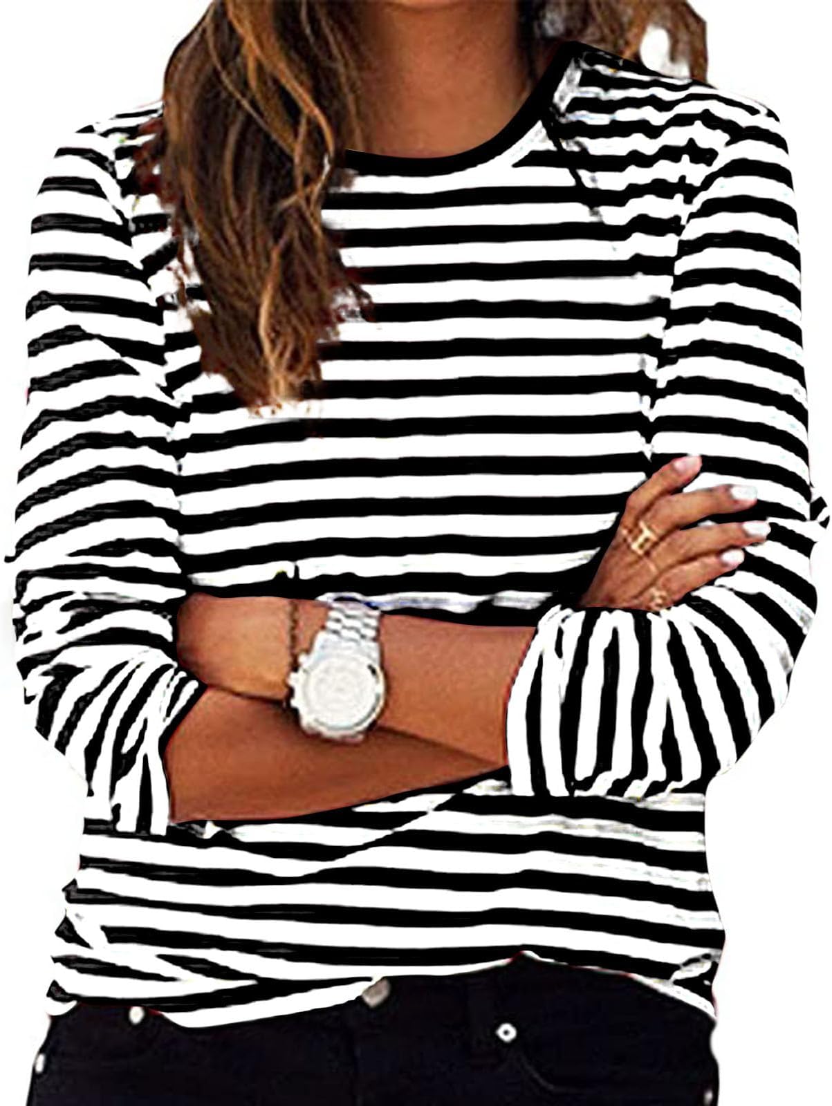 Ladies Striped Tops 2024 Fall Long Sleeve Crewneck Shirts UK Fashion Lightweight Pullover Blouse Dressy Casual Loose Fit Shirts Womens Comfy Going Out Tee Shirts