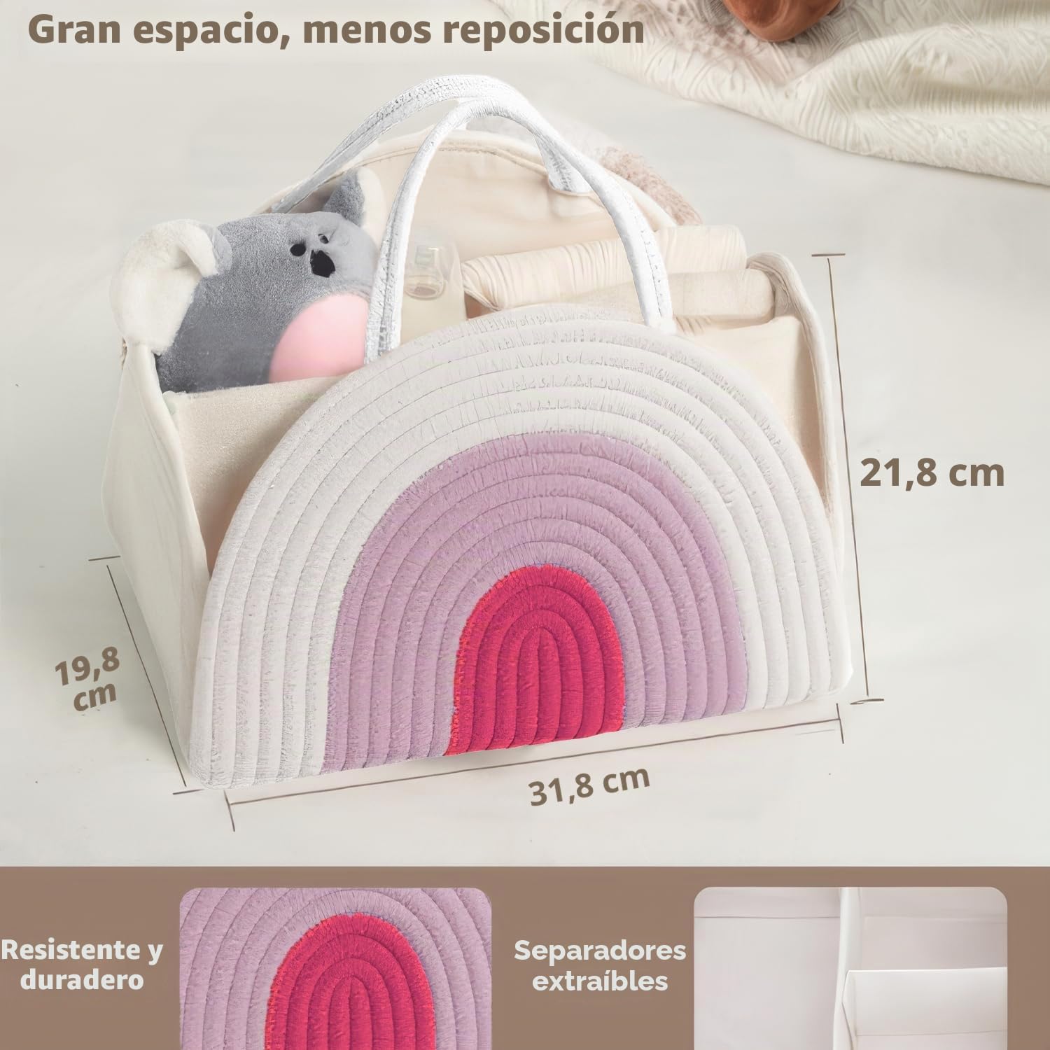 Organizadora para Bebé, Organizador de Pañales para Cambio de Bebé, Organizador de carrito de pañales para bebés con Compartimentos Desmontables (Rosa arcoíris)