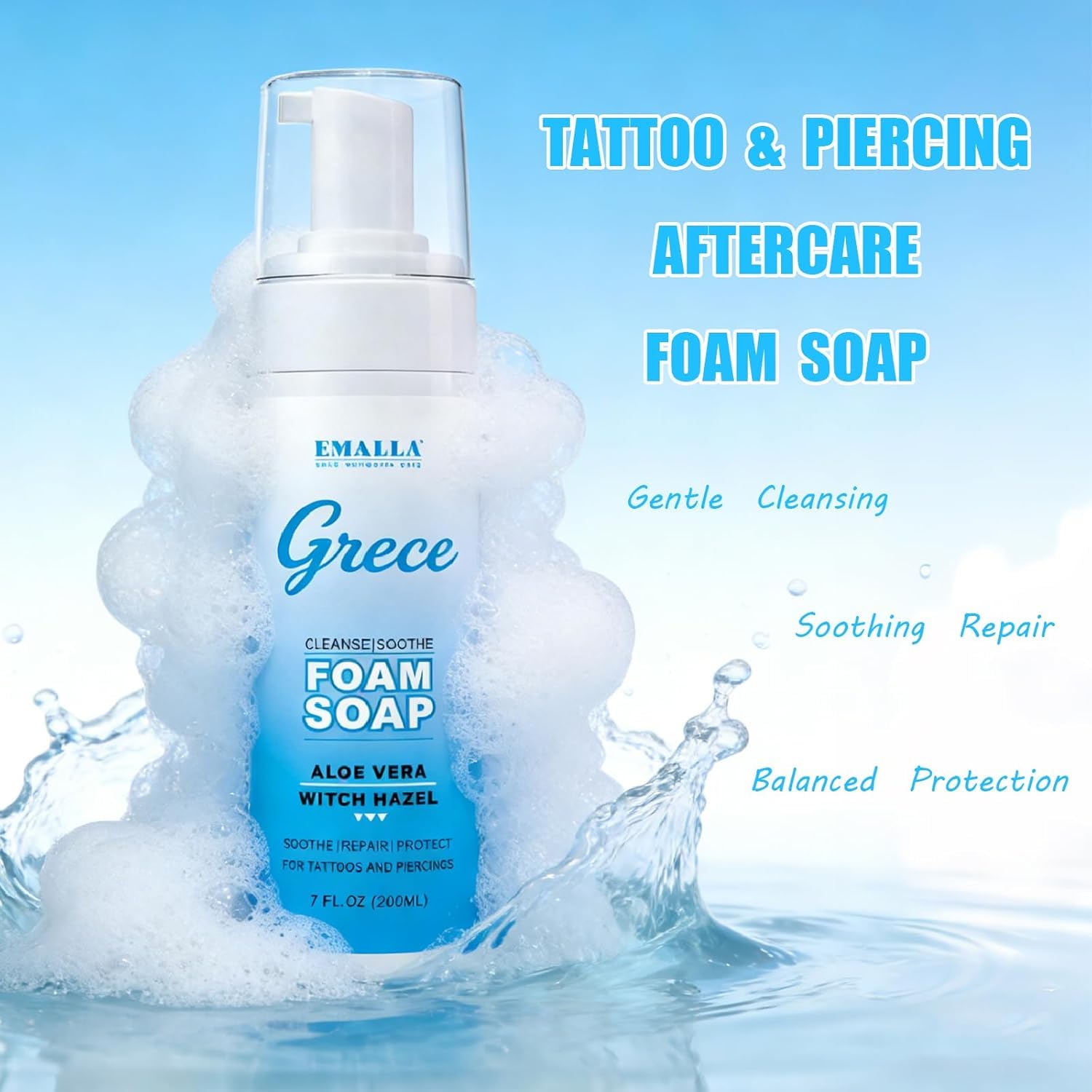 Schiuma detergente per tatuaggi, 200 ml, schiuma detergente delicata per nuovi tatuaggi, lenitivo e idratante, per la cura del tatuaggio, fresca