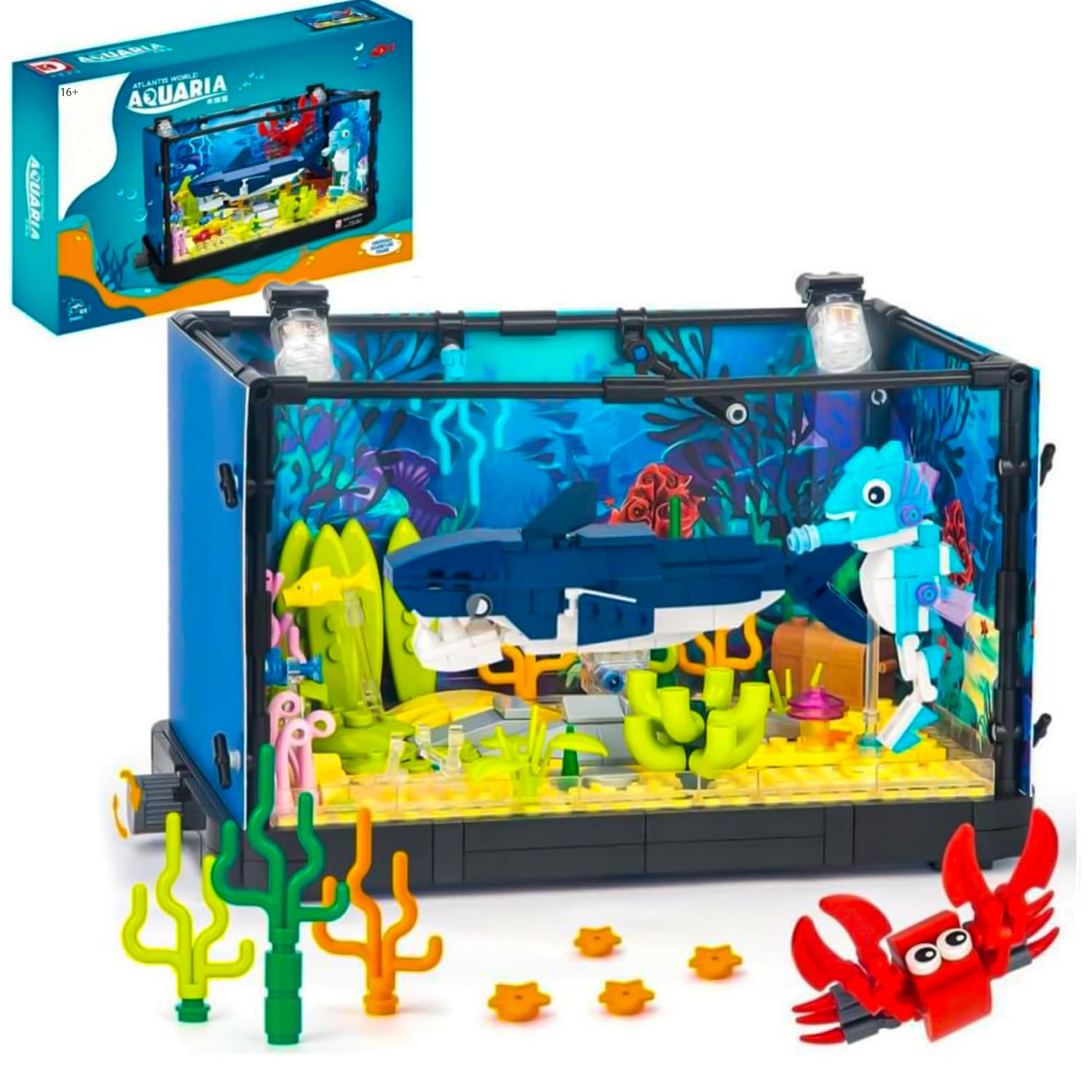 Pasyru Fish Tank Building Set, 648 Pcs Aquarium Sharks Building Set, Animal Marine Life Fish Tank Building Block Kit, Lighting Aquarium Toys Set, Creative Gifts for Adults and Teens