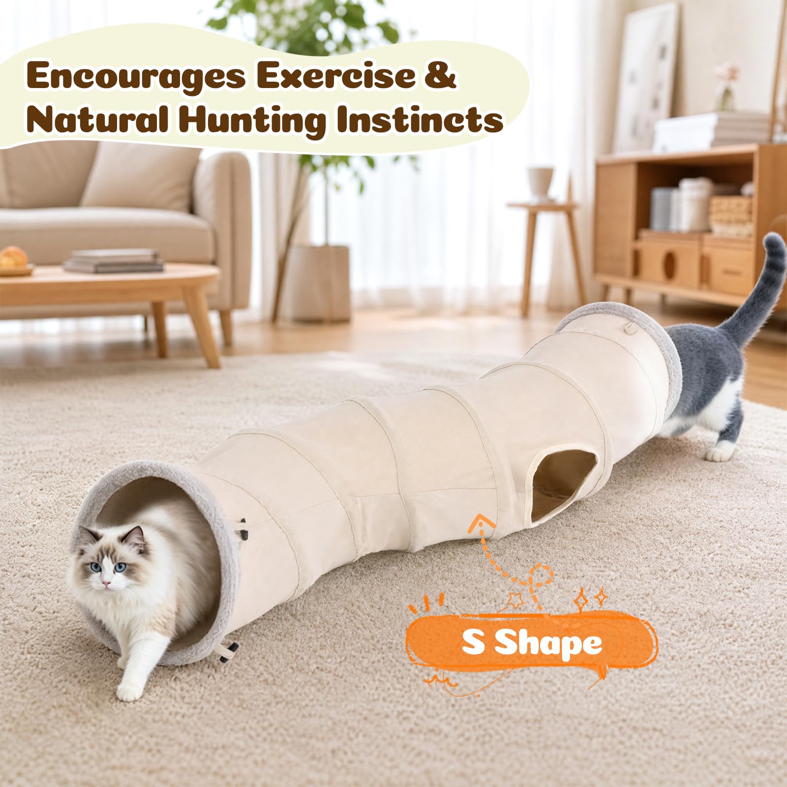 Ownpets Tunnel per gatti a forma di S con palline sospese, 30 x 125 cm, tubo pieghevole a 2 vie per gattini | Tessuto scamosciato, tunnel extra largo 30 cm, adatto a gatti di tutte le dimensioni, per interni ed esterni