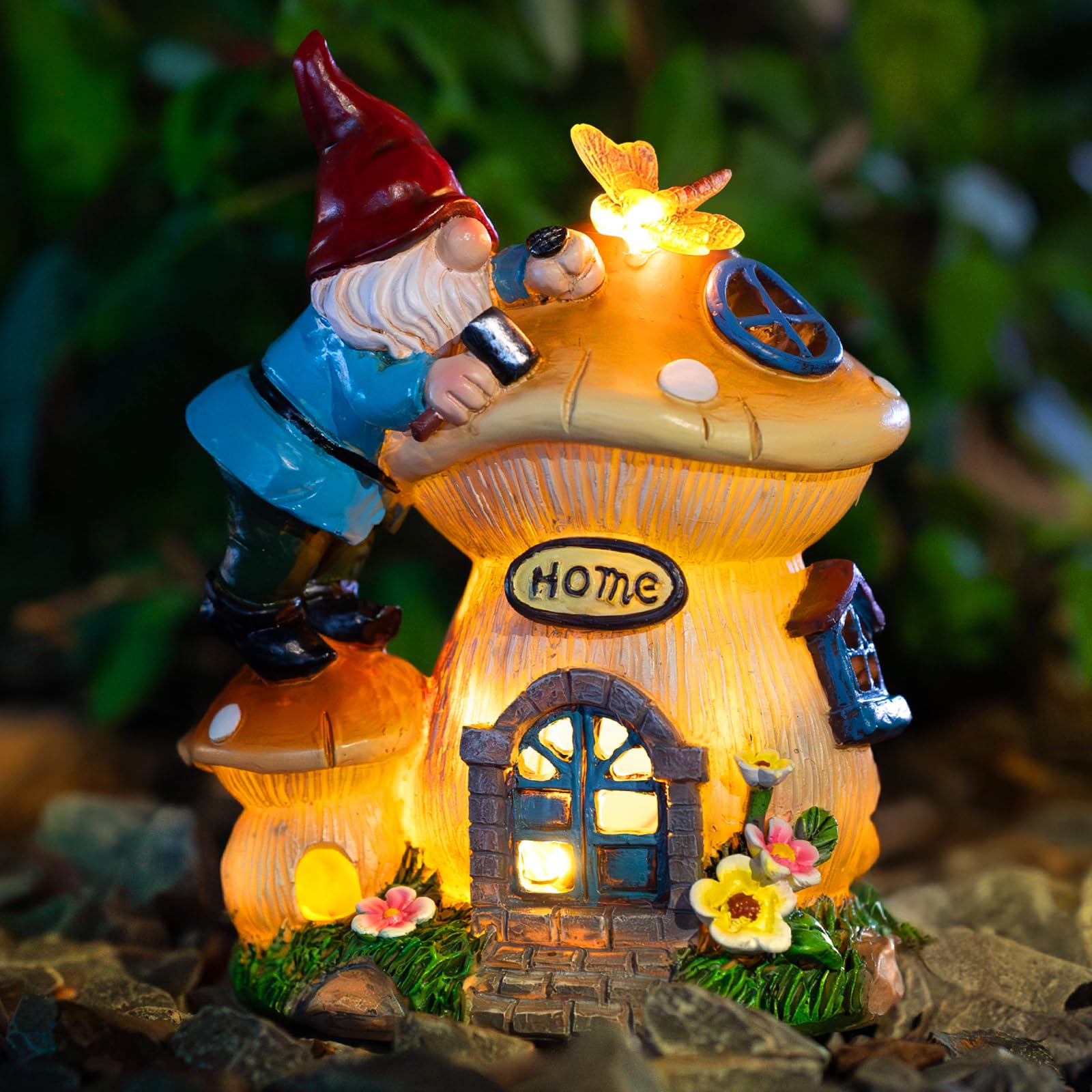 Nain de jardin solaire ZQQLITE : statuette étanche lumineuse maison champignon