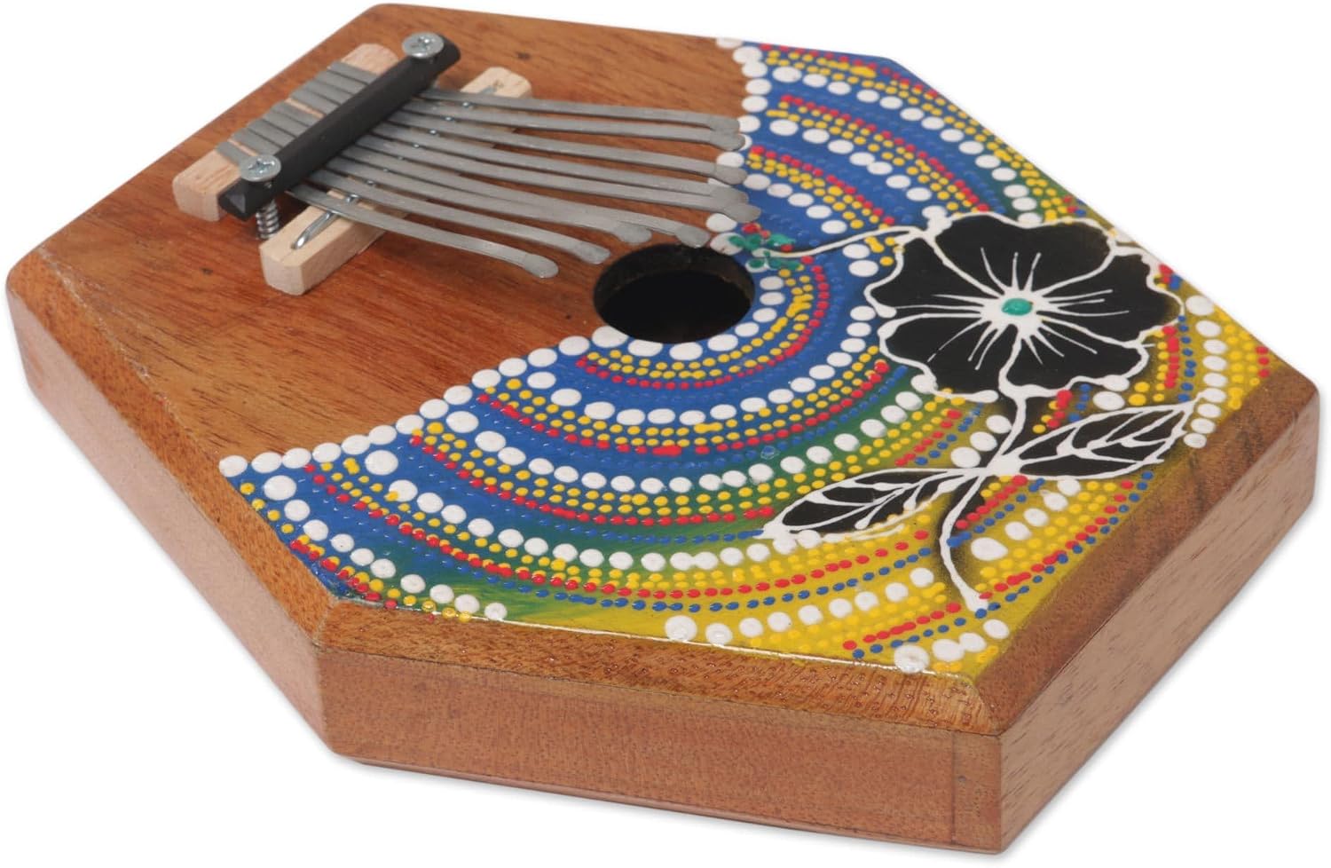 NOVICA Artisan Handcrafted Teak Wood Kalimba Thumb Piano Floral from Bali Multicolor Brown Woodsteel Indonesia Musical Instruments Keyboards [2.4in H x 7.5in W x 6.25in D] ' Hibiscus Melody'