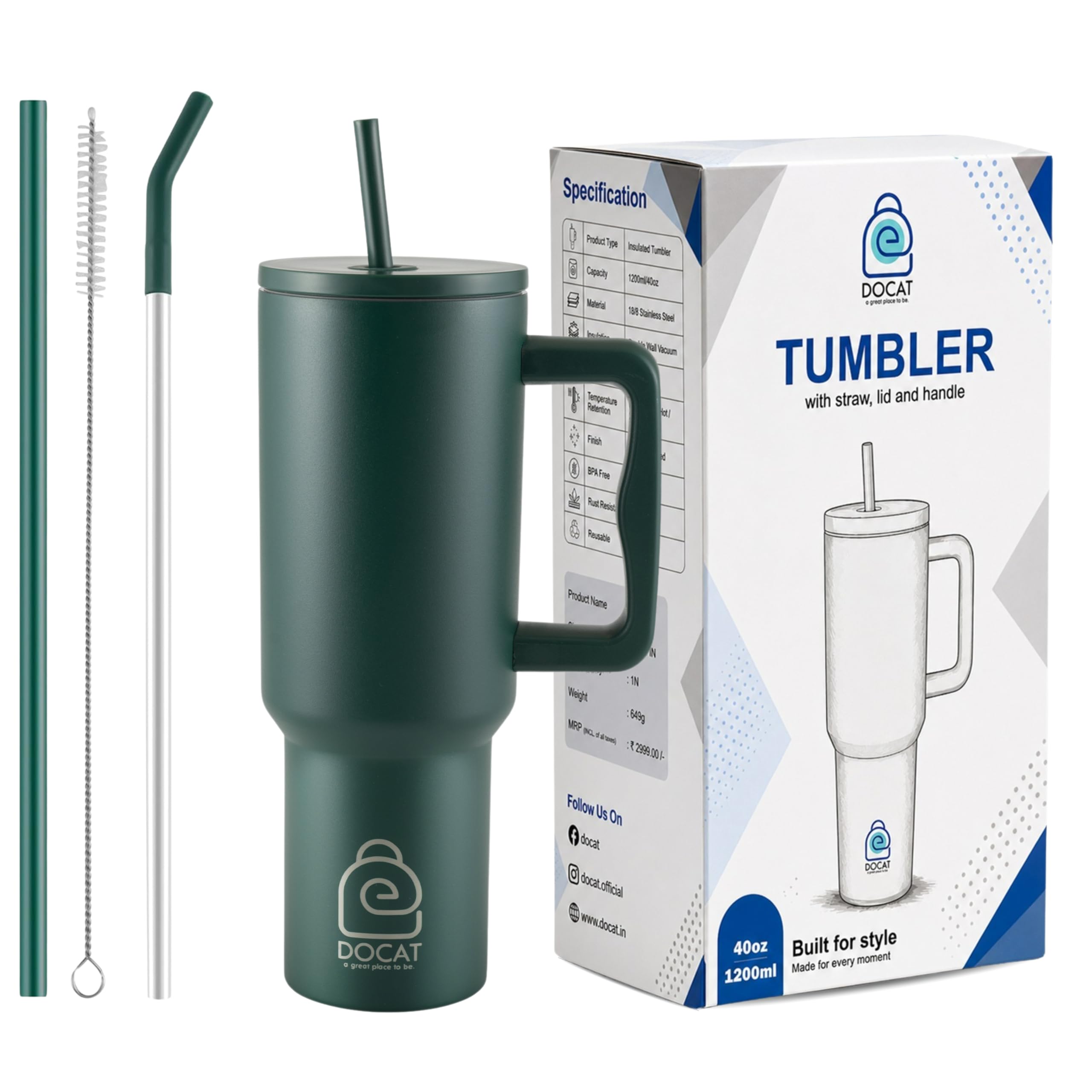 DOCAT 1200ML Stainless Steel Tumbler with Lid and Straw, Hot and Cold Double Insulated Sipper Mug, 100% Leak Proof Coffee Tumbler Cupholder for Office, Gym, Travelling (Hunter Green)