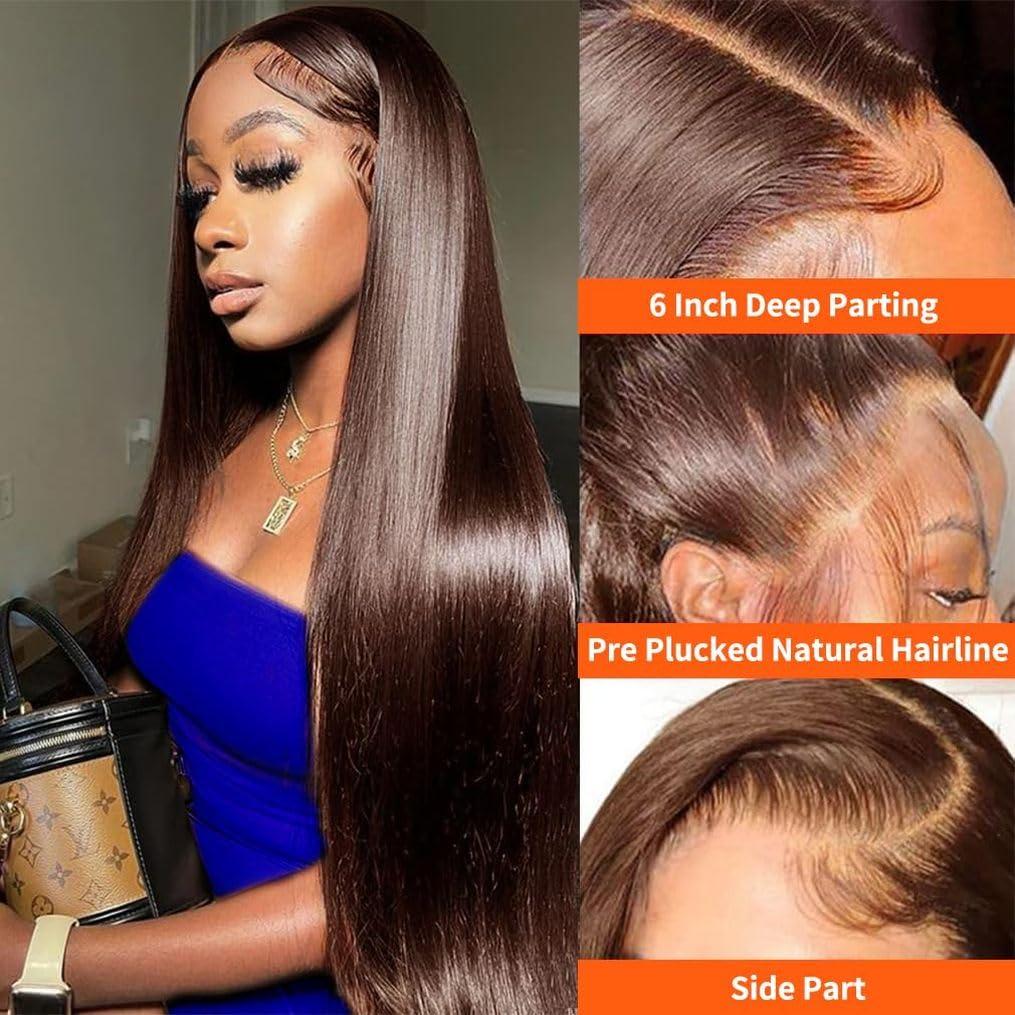 32 Inch Chocolate Brown Lace Front Wigs Human Hair Pre Bleached 200% Density 13x6 HD Straight Lace Front Wigs Pre Plucked with baby Hair