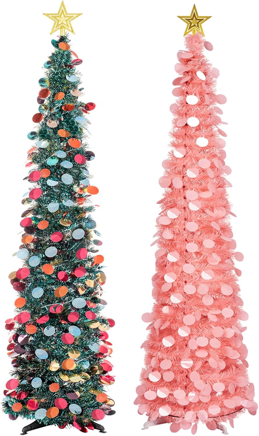 2Pcs Pop Up Christmas Tree with 50 Warm Lights 3D Topper Star - Collapsible Glitter Tinsel Artificial Christmas Pencil Trees Holiday Xmas Decoration for Indoor Home Office