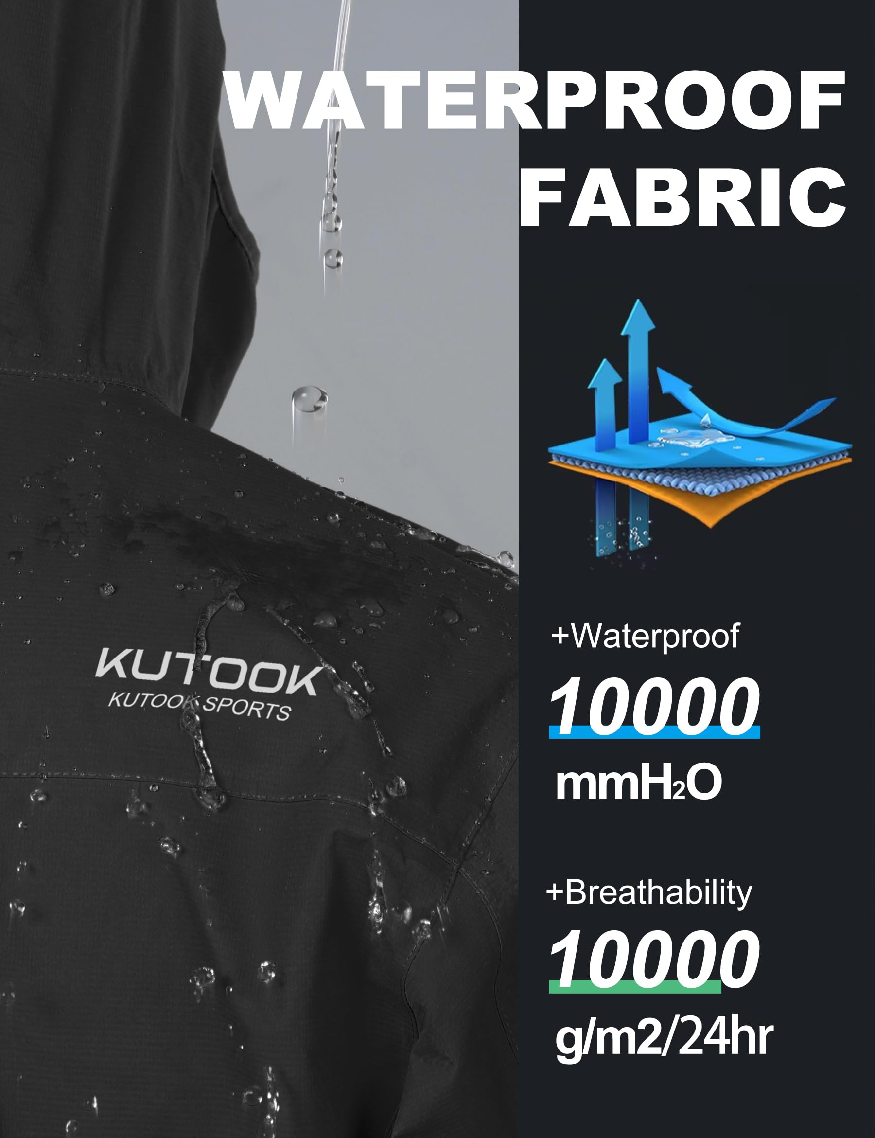 KUTOOK Veste de pluie imperméable à capuche légère et respirante pour homme, pour cyclisme, randonnée, course à pied, taille S à 3XL