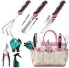 Garden Tools Set 7 Pack, Stainless Steel Gardening Set, Heavy-Duty Gardening Kit with Durable Storage Tote Bag, Non-Slip, Ergonomic Handles, Rust Proof, Gardening Gifts for Women Men, Pink