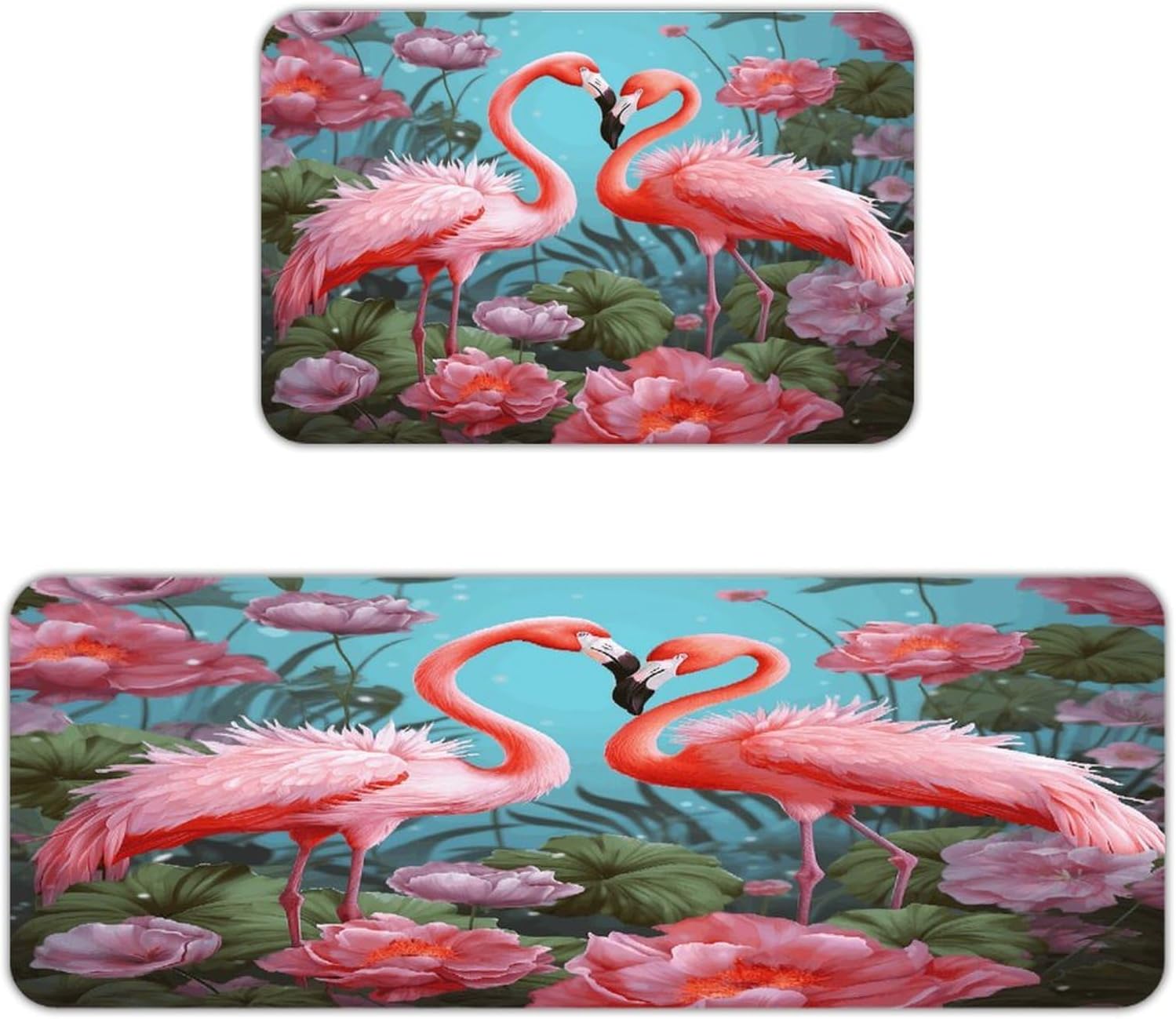 Flamingo Love Flowers Kitchen Mat Kitchen Rug Set | Kitchen Rugs Flannel Velvety Washable breathable Water Absorbent Soft ，kitchen utensils for Kitchen, Floor,Laundry