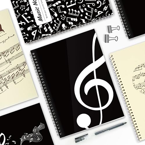 Miniatura 9 de Cuaderno con hojas en blanco para música, composición, manuscrito, con diseño de teclado de piano, 50 hojas, 26 x 19 cm., negro, (Black Music)