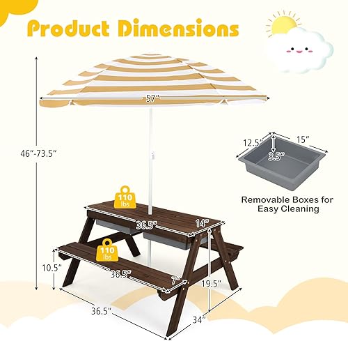 Vista 32 de Costzon Mesa de picnic para niños con cubos sensoriales, mesa de arena y agua 4 en 1 con paraguas de altura ajustable, mesa extraíble para jugar al