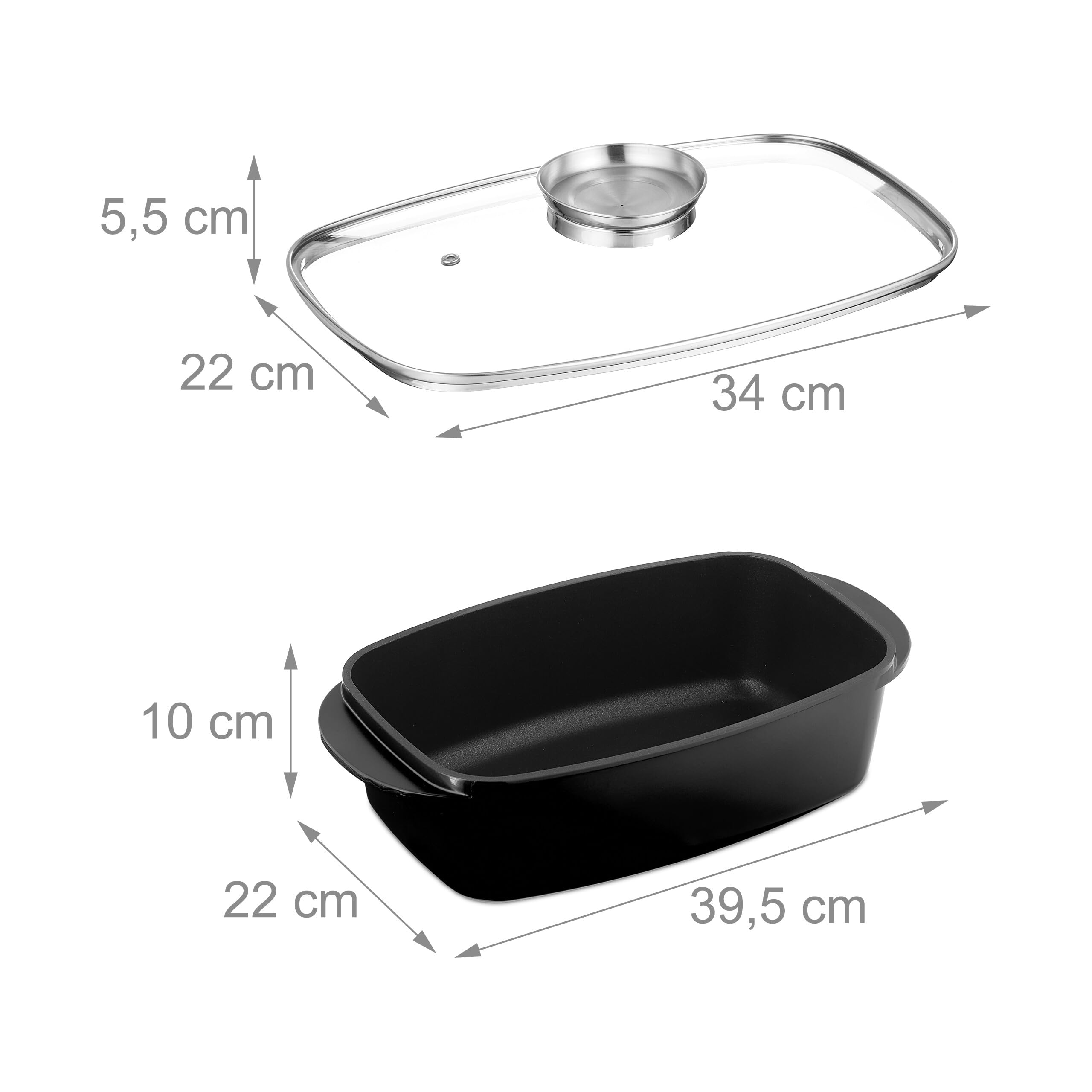 Relaxdays Asador de Horno con Tapa, Rustidera 5 L, Olla Antiadherente con Botón de Aroma, Placa Eléctrica y Gas, Negro