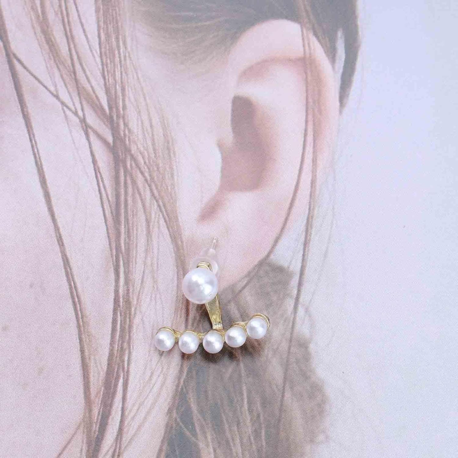 Bohemia Tiny Pearl Stud Earrings Pearl Ear Jacket Earrings Pearl Climbers Earrings Vintage Gold Pearl Earrings Pearl Front Back Stud Earrings Jewelry for Women - Image 4