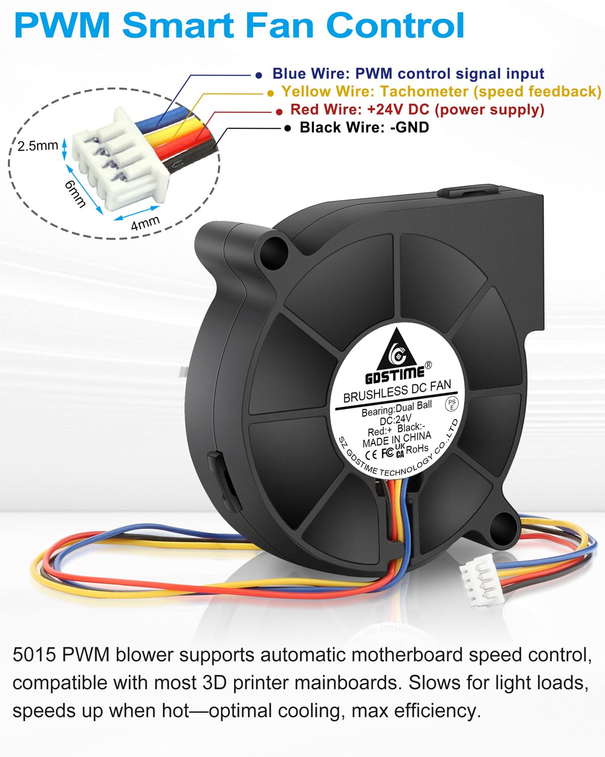 GDSTIME Ventilador de 24 V 5015 PWM, rodamiento de bolas dual, paquete de 2 | 50 x 50 x 15 mm, conector de 4 pines de 1,25 mm, 8500 RPM de alta velocidad, ventilador turbo sin escobillas CC