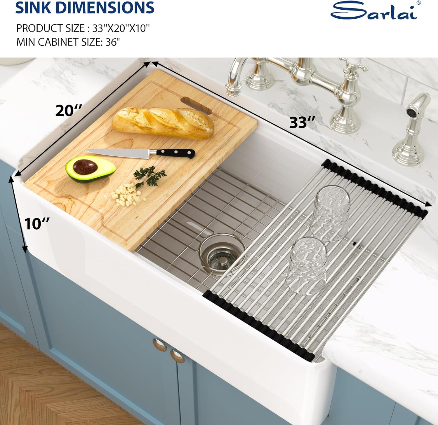 Sarlai 33 White Farmhouse Kitchen Sink - 33x20 Inch Farm Kitchen Sink Ledge Workstation White Ceramic Porcelain Fireclay Farmer Sinks 10" Inch Deep Single Bowl Basin with Assesory Kit