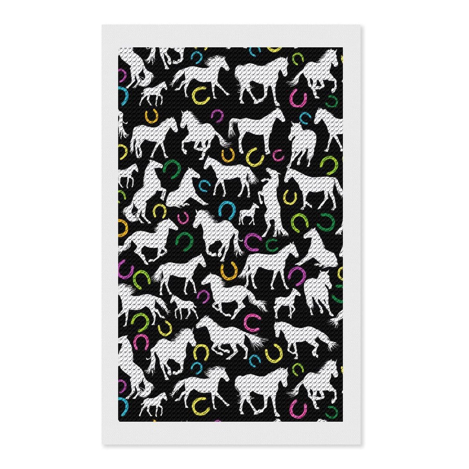 Nclqvjxzkhw Style White Horses And Horseshoe Print Diamond Art Painting For Adult Round Diamonds Pictures Arts Crafts Home Wall Decor 12"X20"