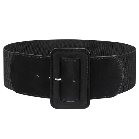 JASGOOD Women Wide Stretchy Belt for Dress Wide Suede Elastic Belt with Vintage Chunky Square Buckle